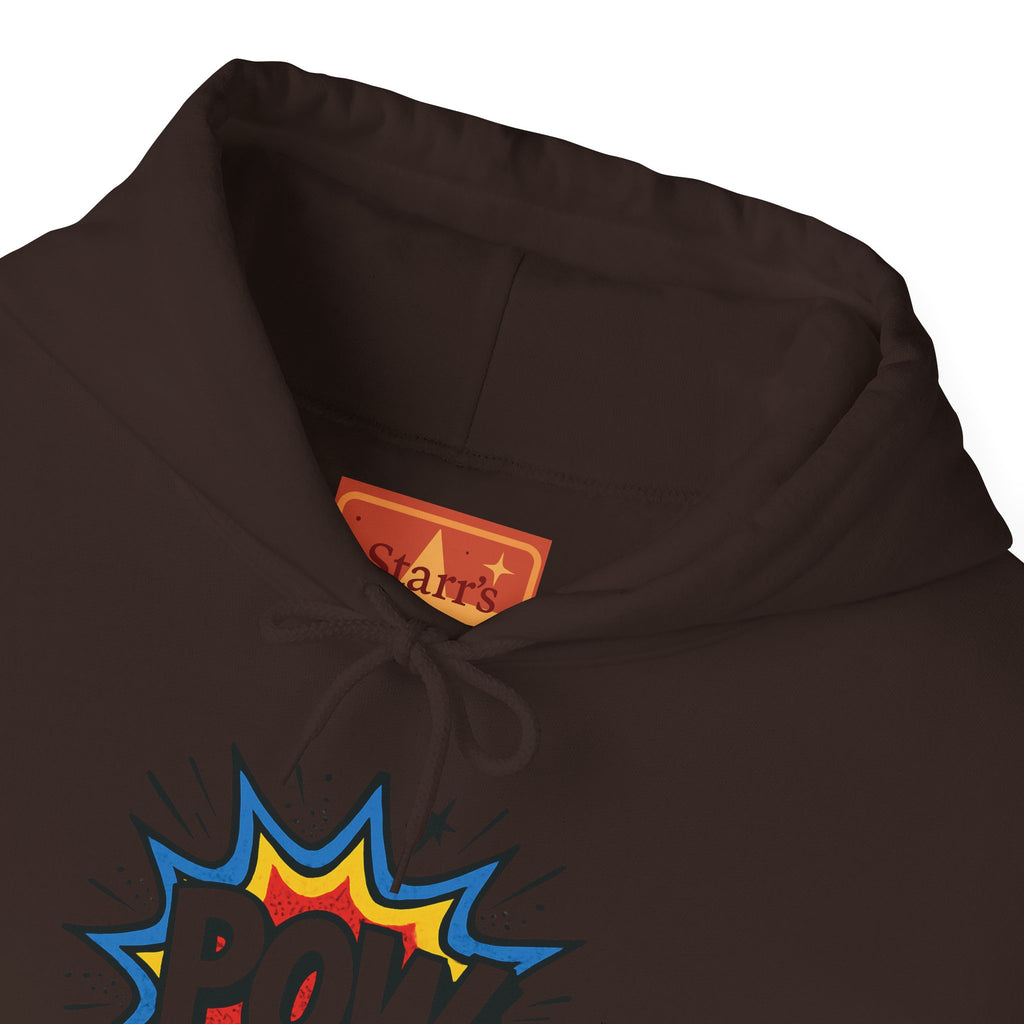 Caffeine Chaos Hoodie — "POW" Comic Front & "Run On: Caffeine, Chaos, Questionable Decisions" Back