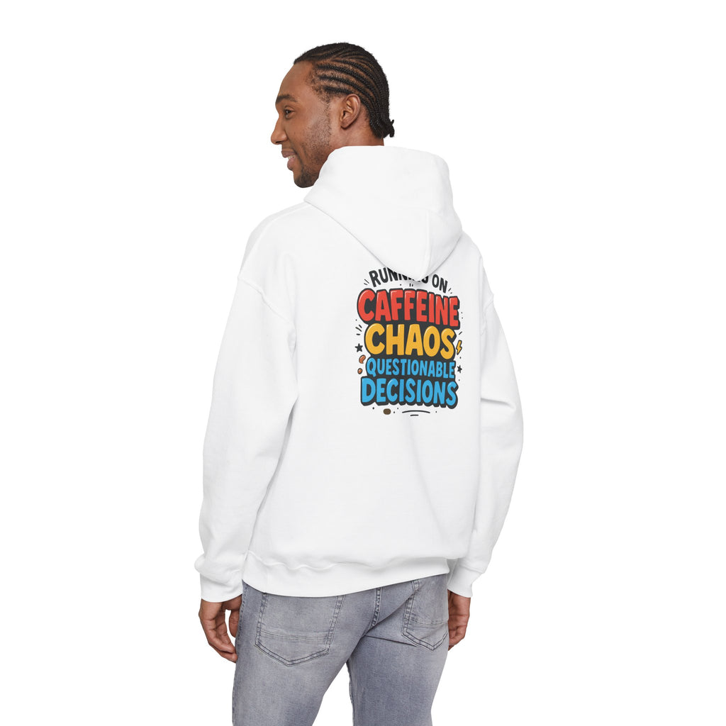 Caffeine Chaos Hoodie — "POW" Comic Front & "Run On: Caffeine, Chaos, Questionable Decisions" Back