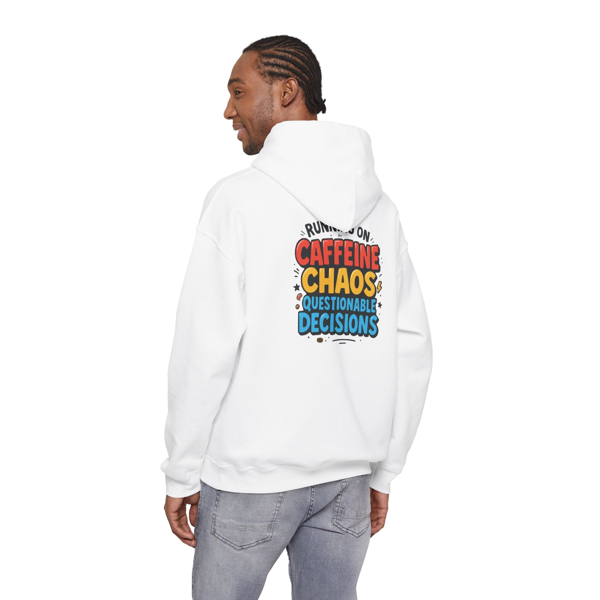 Caffeine Chaos Hoodie — "POW" Comic Front & "Run On: Caffeine, Chaos, Questionable Decisions" Back
