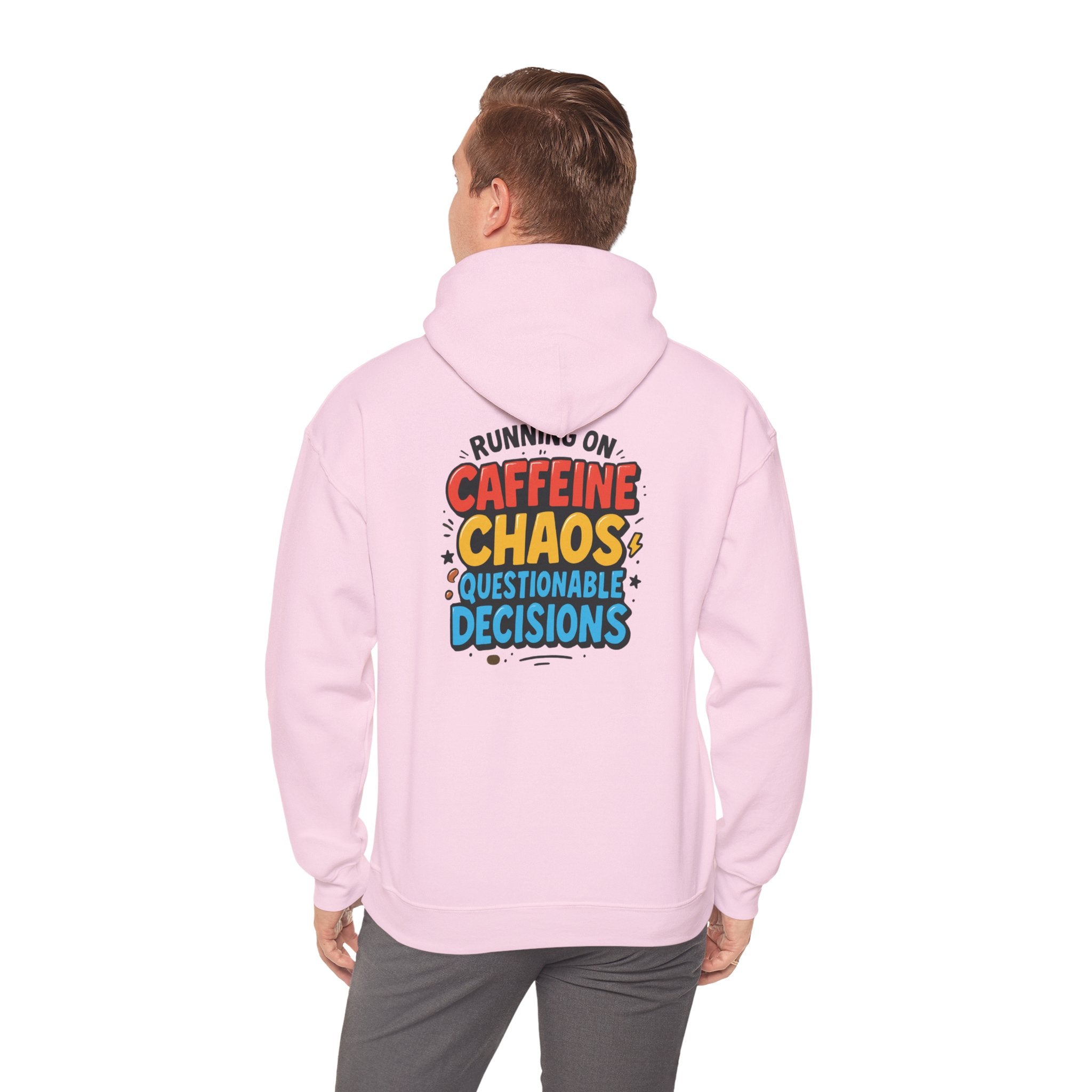Caffeine Chaos Hoodie — "POW" Comic Front & "Run On: Caffeine, Chaos, Questionable Decisions" Back