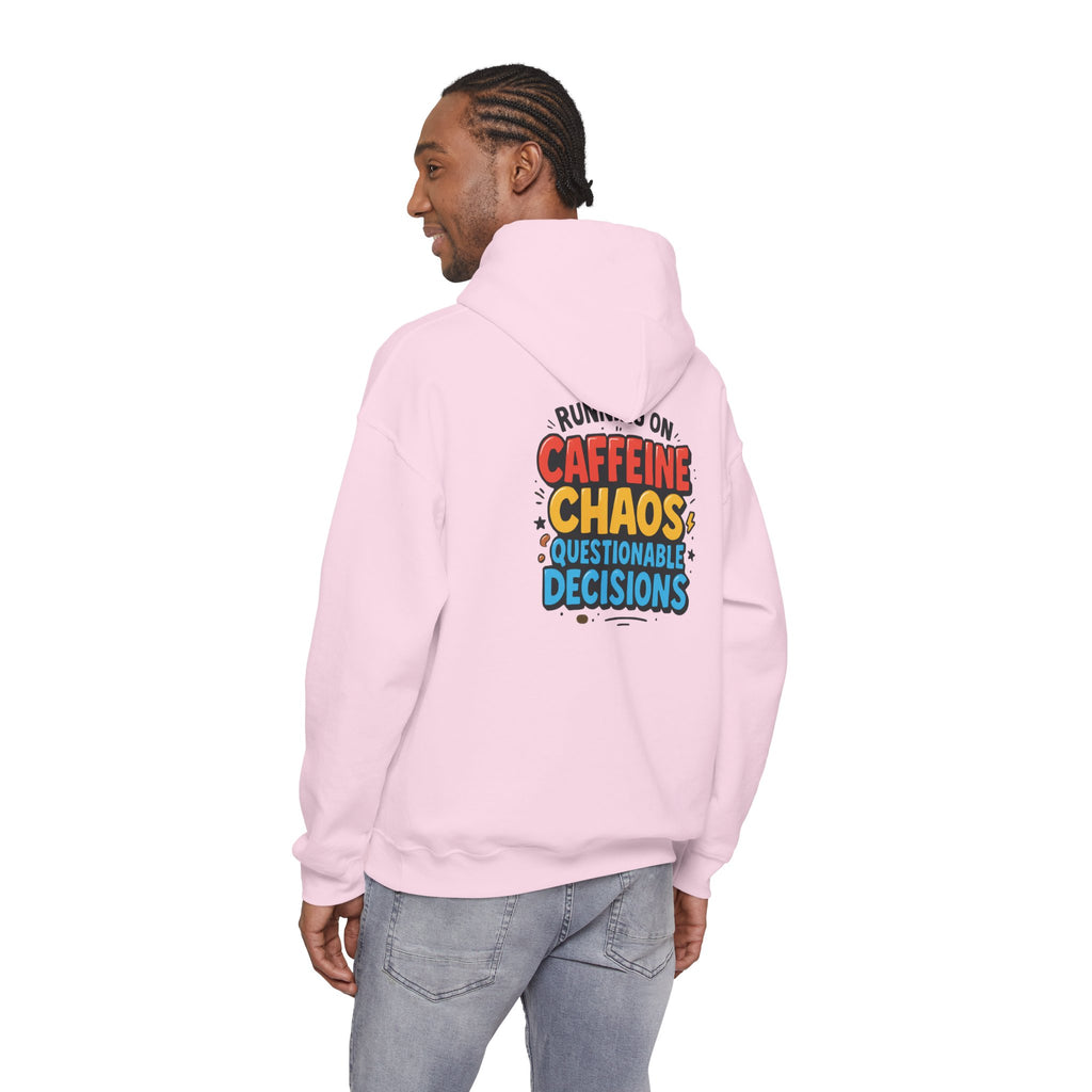 Caffeine Chaos Hoodie — "POW" Comic Front & "Run On: Caffeine, Chaos, Questionable Decisions" Back