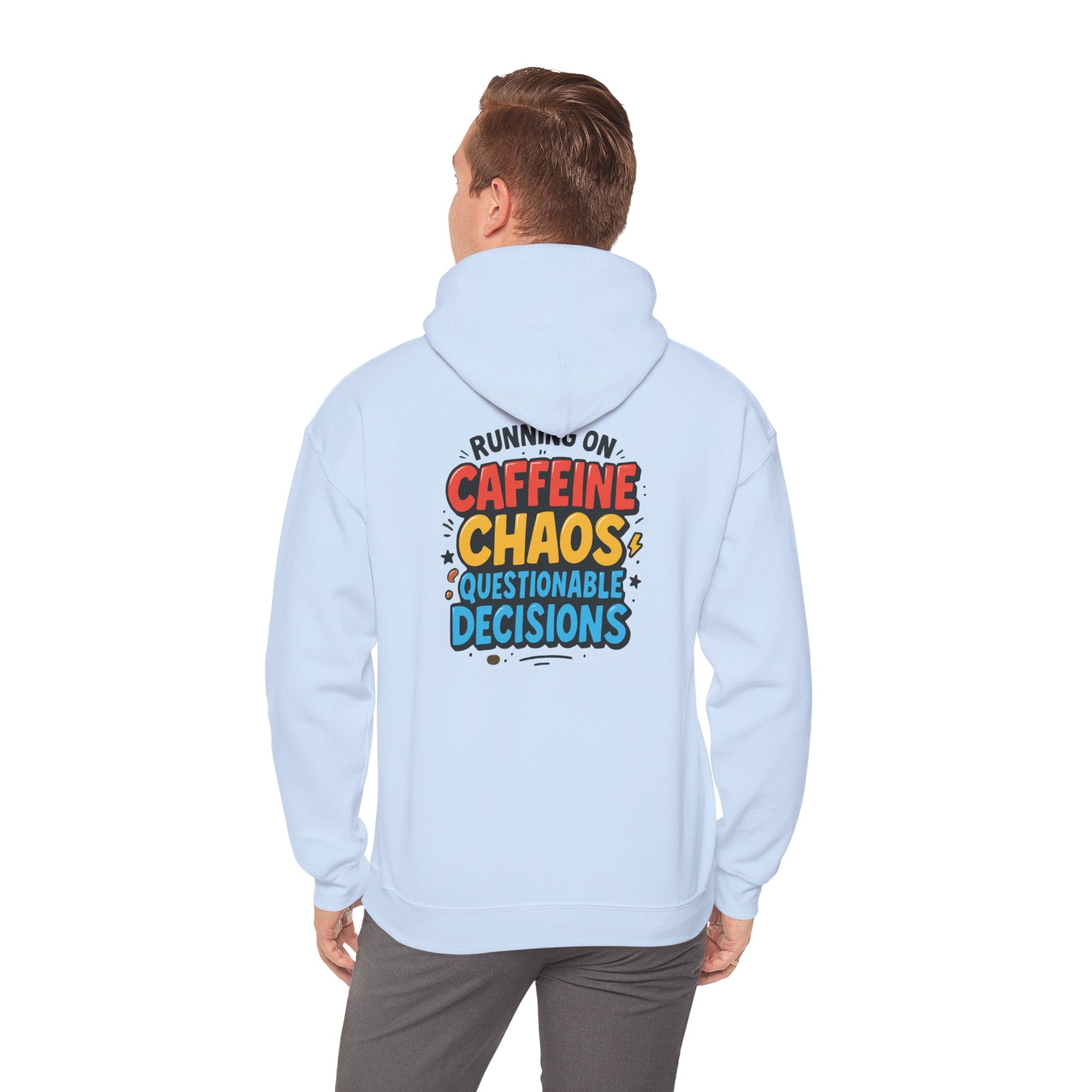 Caffeine Chaos Hoodie — "POW" Comic Front & "Run On: Caffeine, Chaos, Questionable Decisions" Back