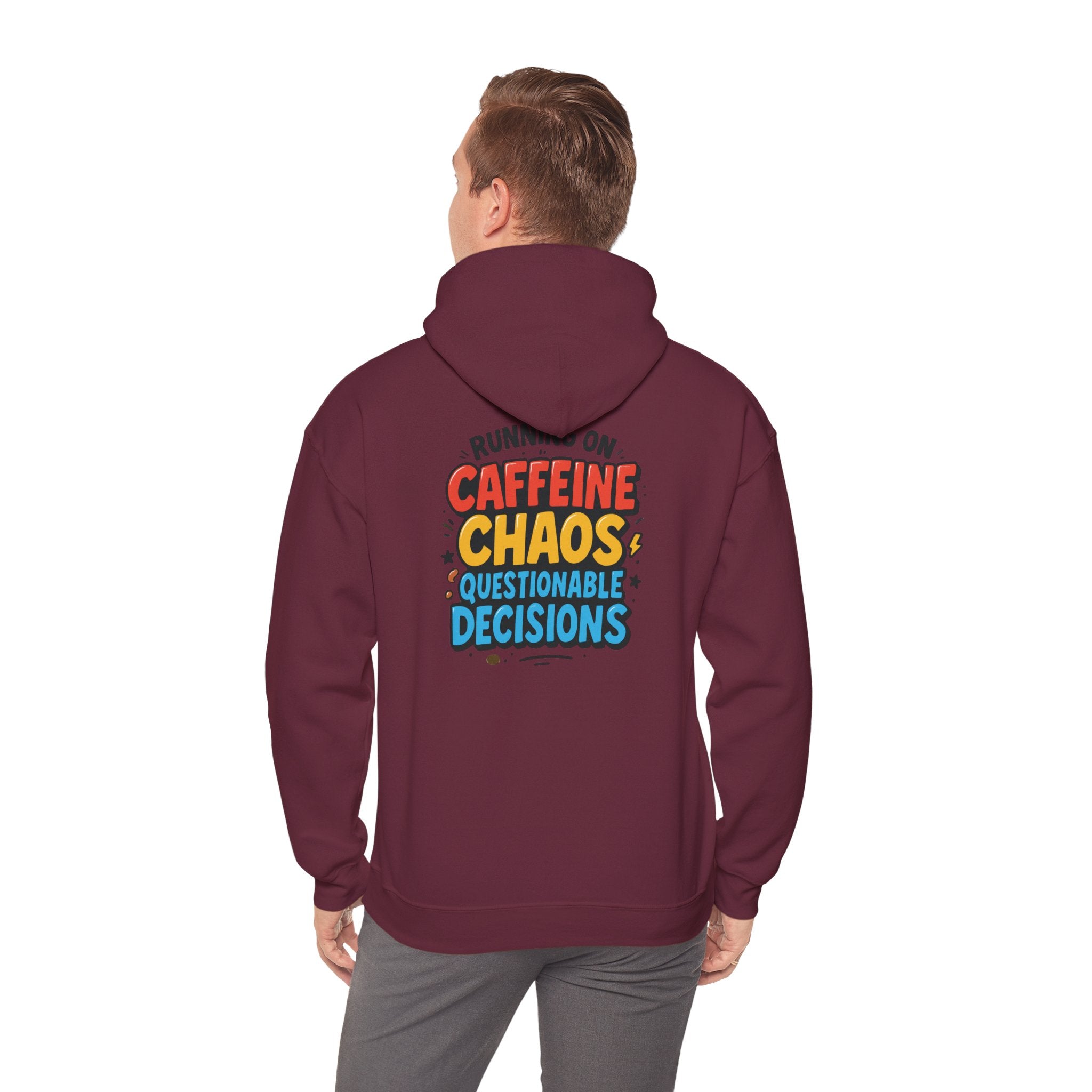 Caffeine Chaos Hoodie — "POW" Comic Front & "Run On: Caffeine, Chaos, Questionable Decisions" Back