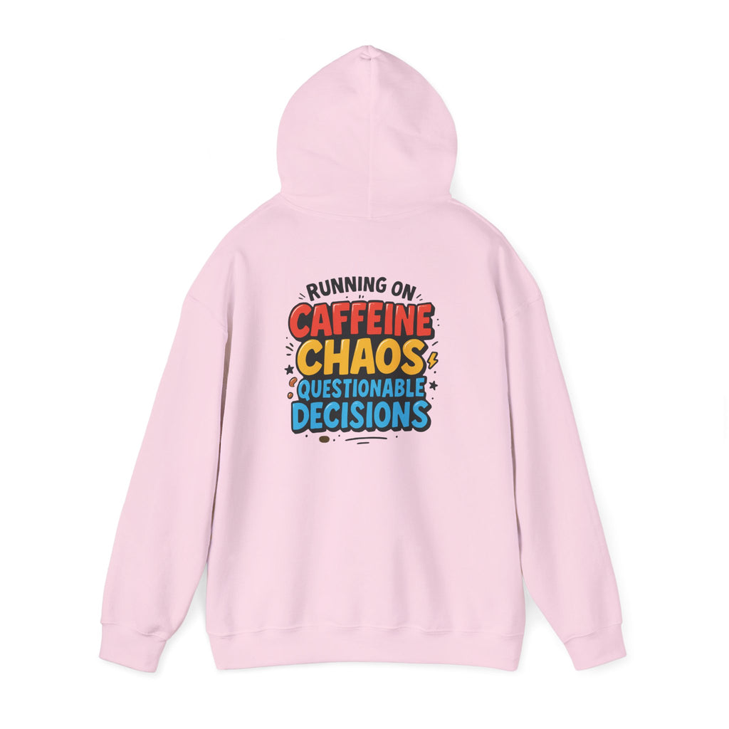 Caffeine Chaos Hoodie — "POW" Comic Front & "Run On: Caffeine, Chaos, Questionable Decisions" Back