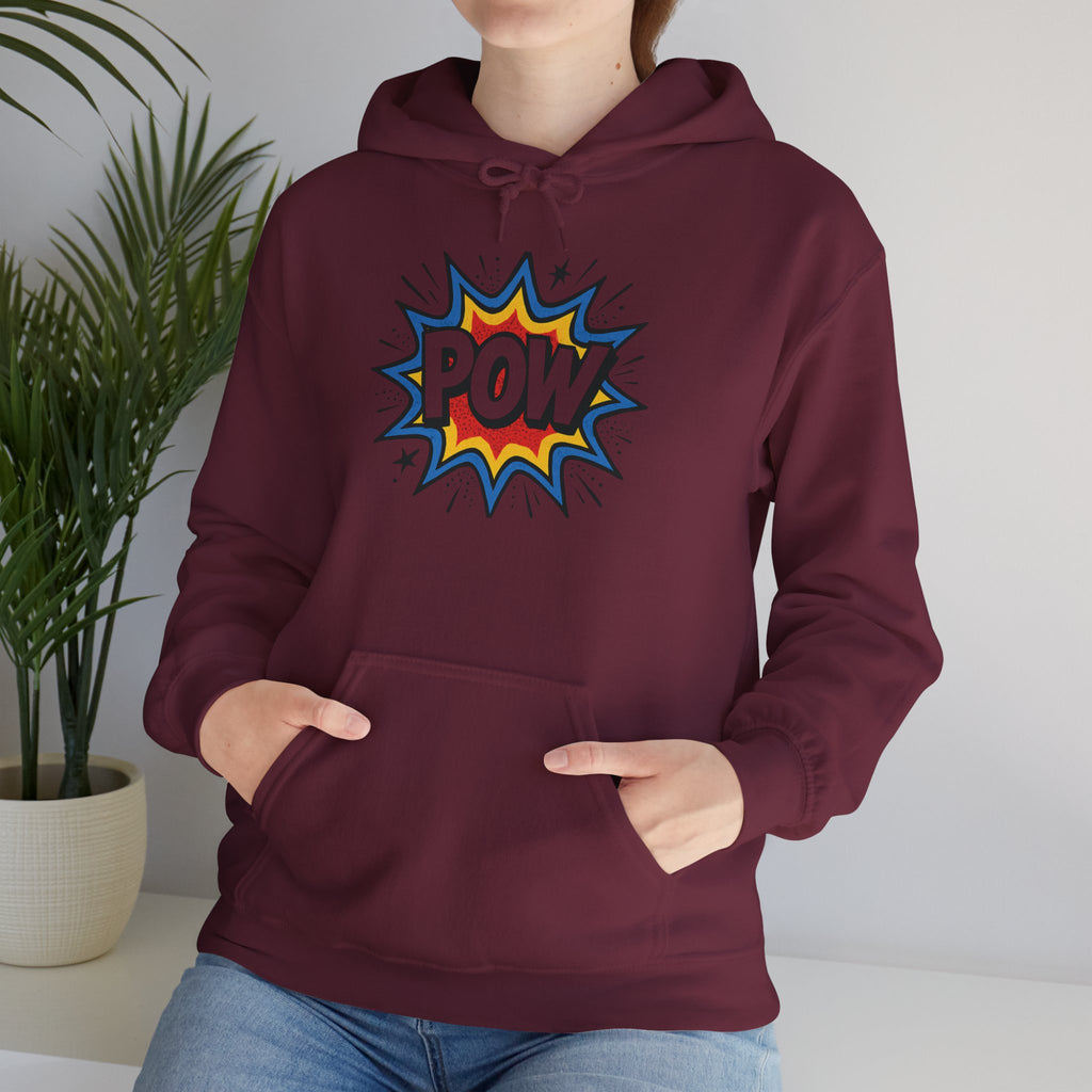 Caffeine Chaos Hoodie — "POW" Comic Front & "Run On: Caffeine, Chaos, Questionable Decisions" Back