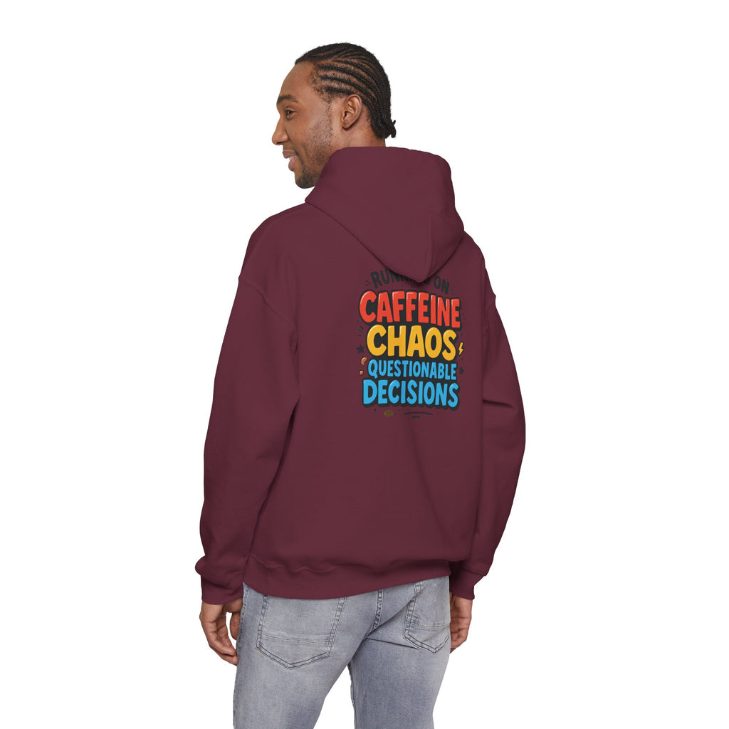 Caffeine Chaos Hoodie — "POW" Comic Front & "Run On: Caffeine, Chaos, Questionable Decisions" Back