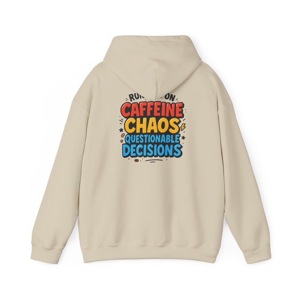 Caffeine Chaos Hoodie — "POW" Comic Front & "Run On: Caffeine, Chaos, Questionable Decisions" Back