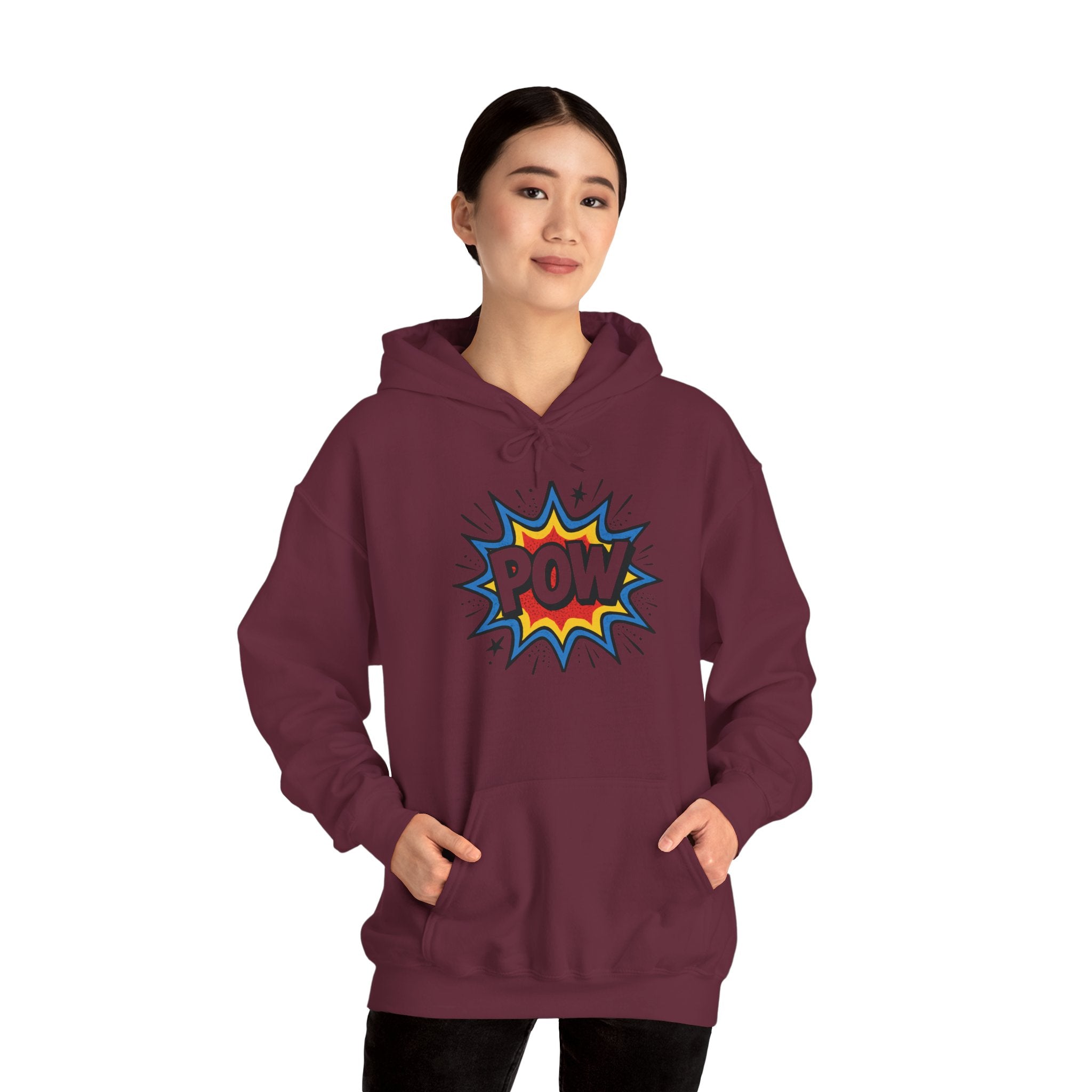 Caffeine Chaos Hoodie — "POW" Comic Front & "Run On: Caffeine, Chaos, Questionable Decisions" Back