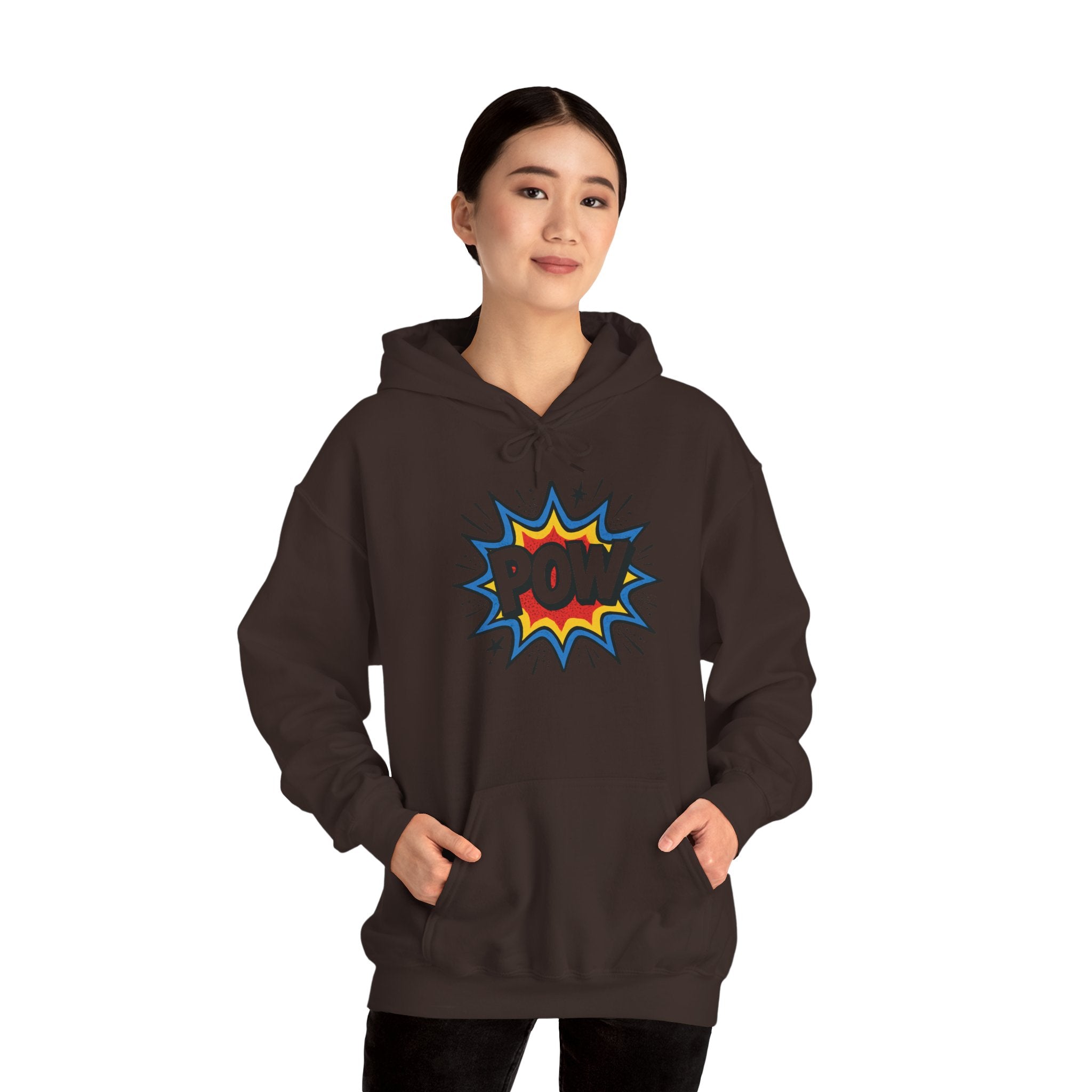 Caffeine Chaos Hoodie — "POW" Comic Front & "Run On: Caffeine, Chaos, Questionable Decisions" Back