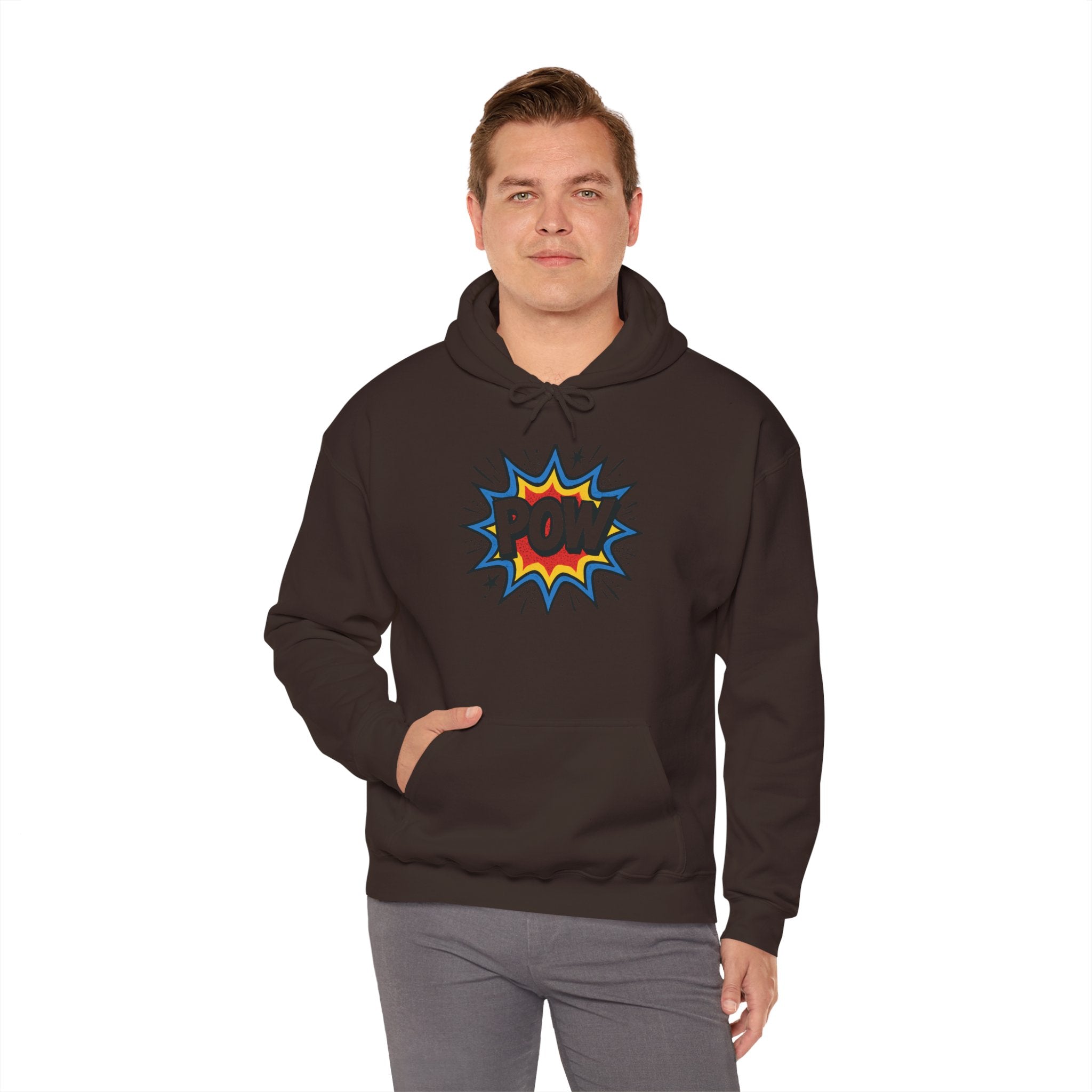 Caffeine Chaos Hoodie — "POW" Comic Front & "Run On: Caffeine, Chaos, Questionable Decisions" Back