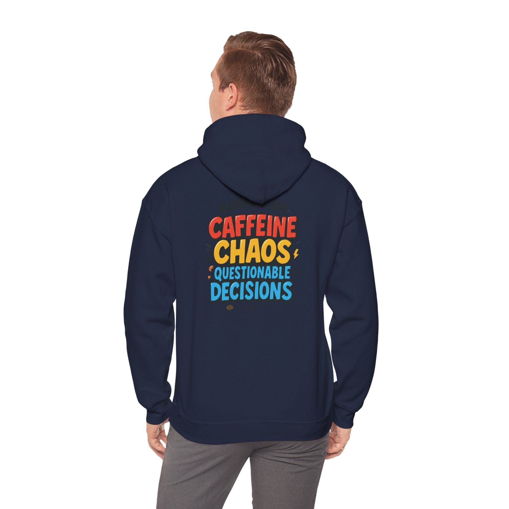 Caffeine Chaos Hoodie — "POW" Comic Front & "Run On: Caffeine, Chaos, Questionable Decisions" Back