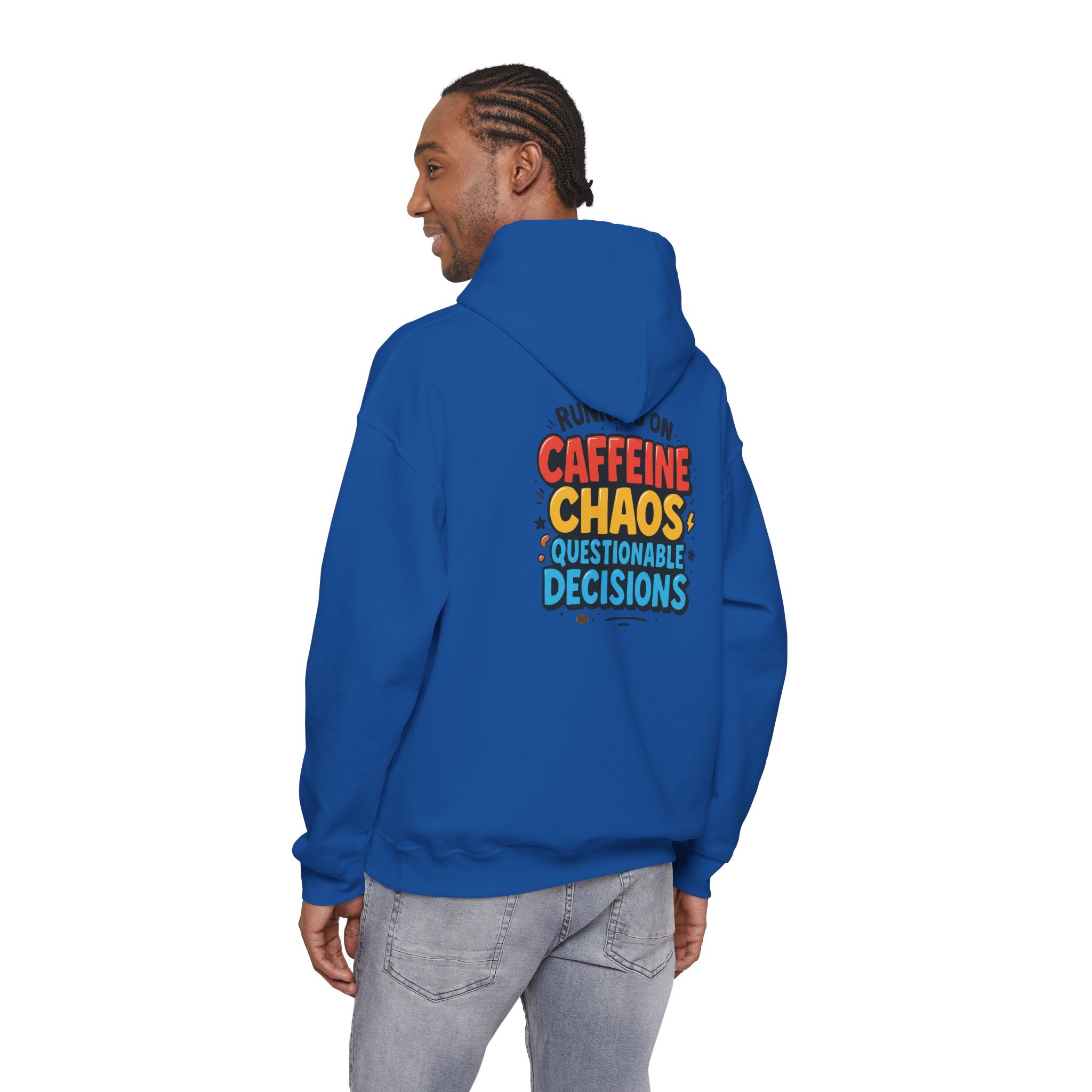 Caffeine Chaos Hoodie — "POW" Comic Front & "Run On: Caffeine, Chaos, Questionable Decisions" Back
