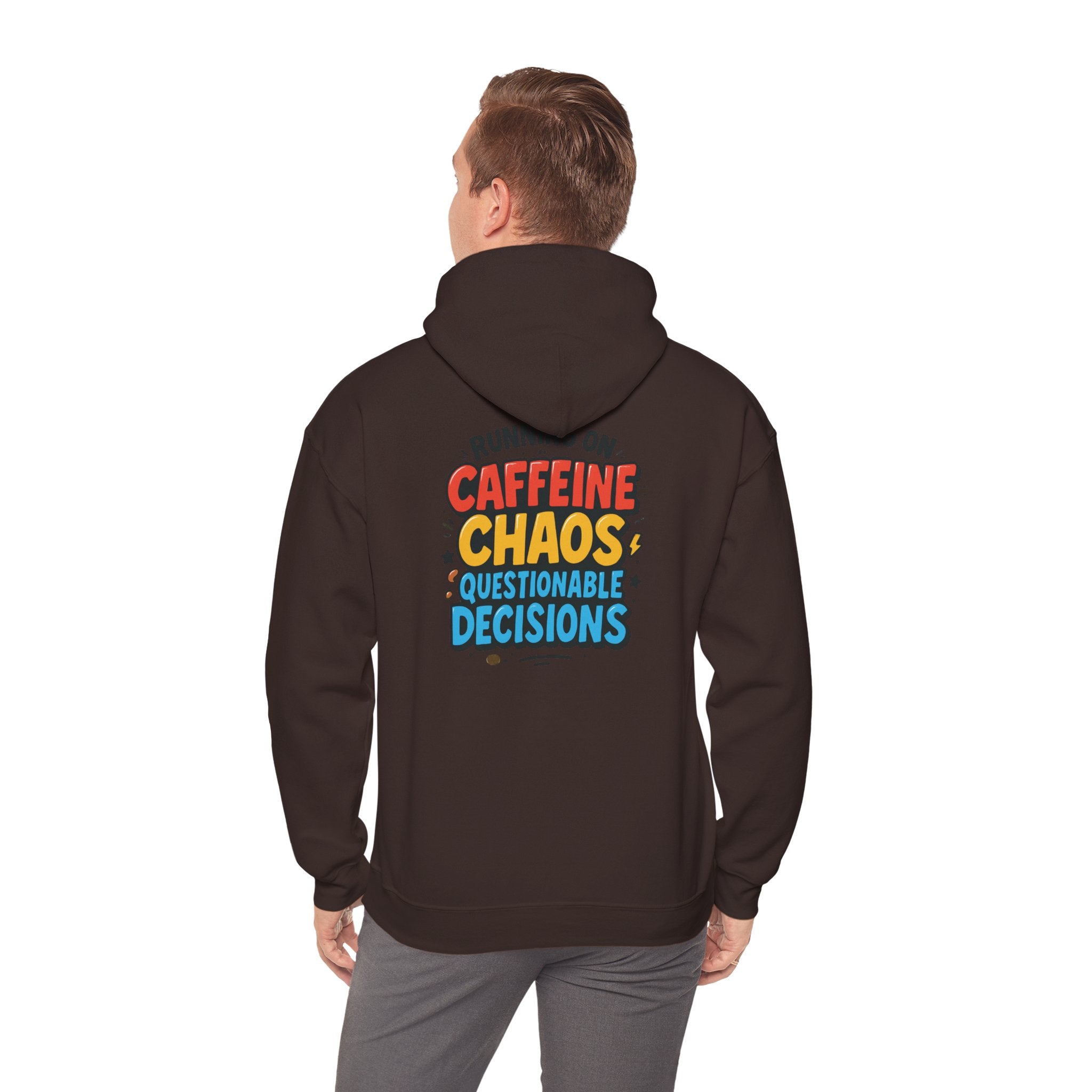 Caffeine Chaos Hoodie — "POW" Comic Front & "Run On: Caffeine, Chaos, Questionable Decisions" Back