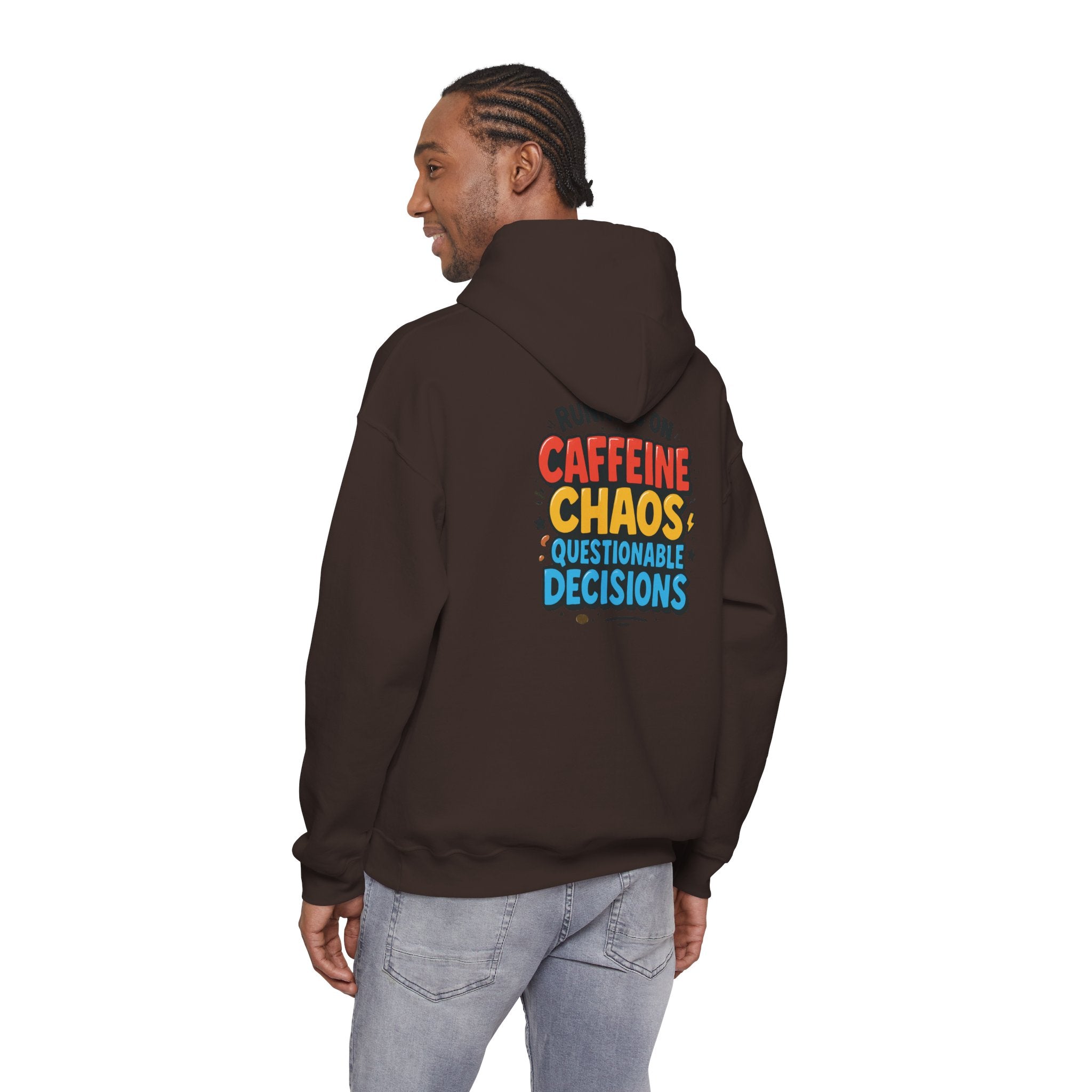 Caffeine Chaos Hoodie — "POW" Comic Front & "Run On: Caffeine, Chaos, Questionable Decisions" Back