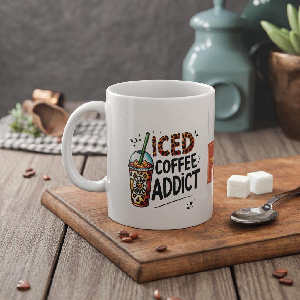 Iced Coffee Addict Ceramic Mug — 11oz White Coffee Cup