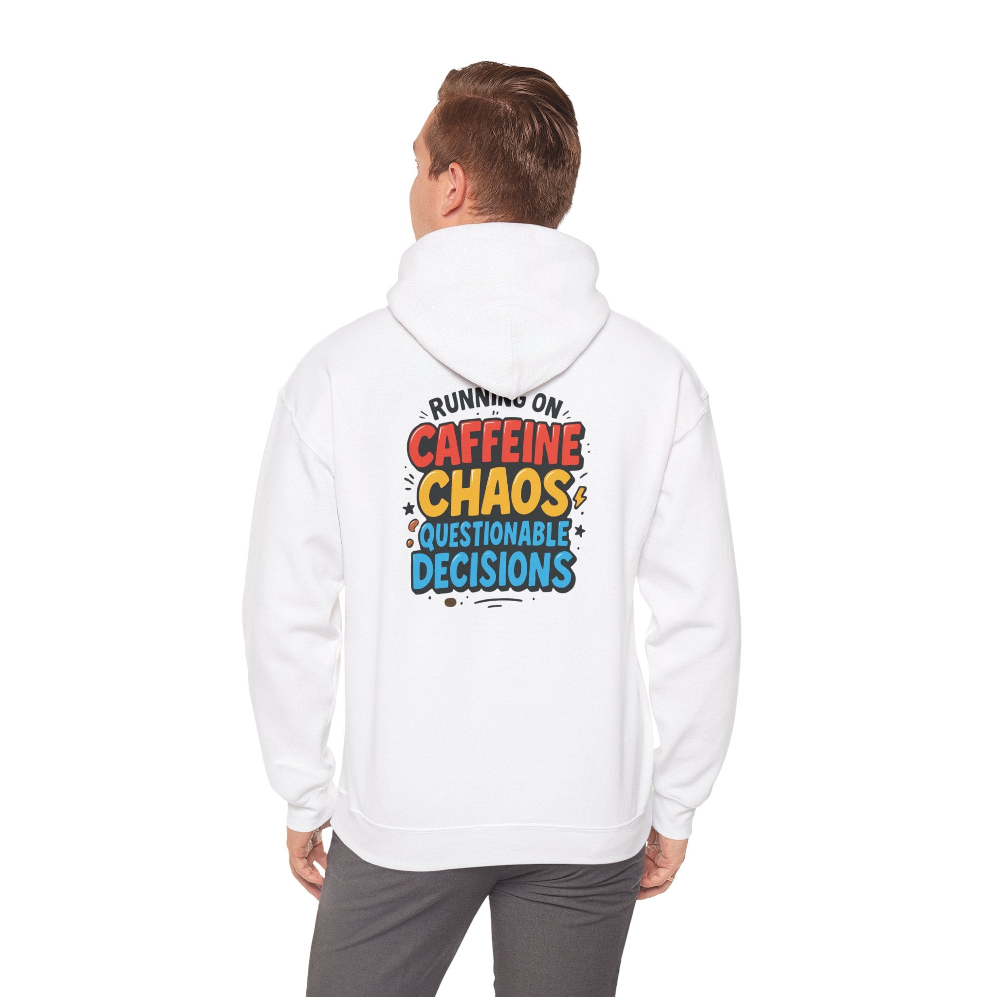 Caffeine Chaos Hoodie — "POW" Comic Front & "Run On: Caffeine, Chaos, Questionable Decisions" Back