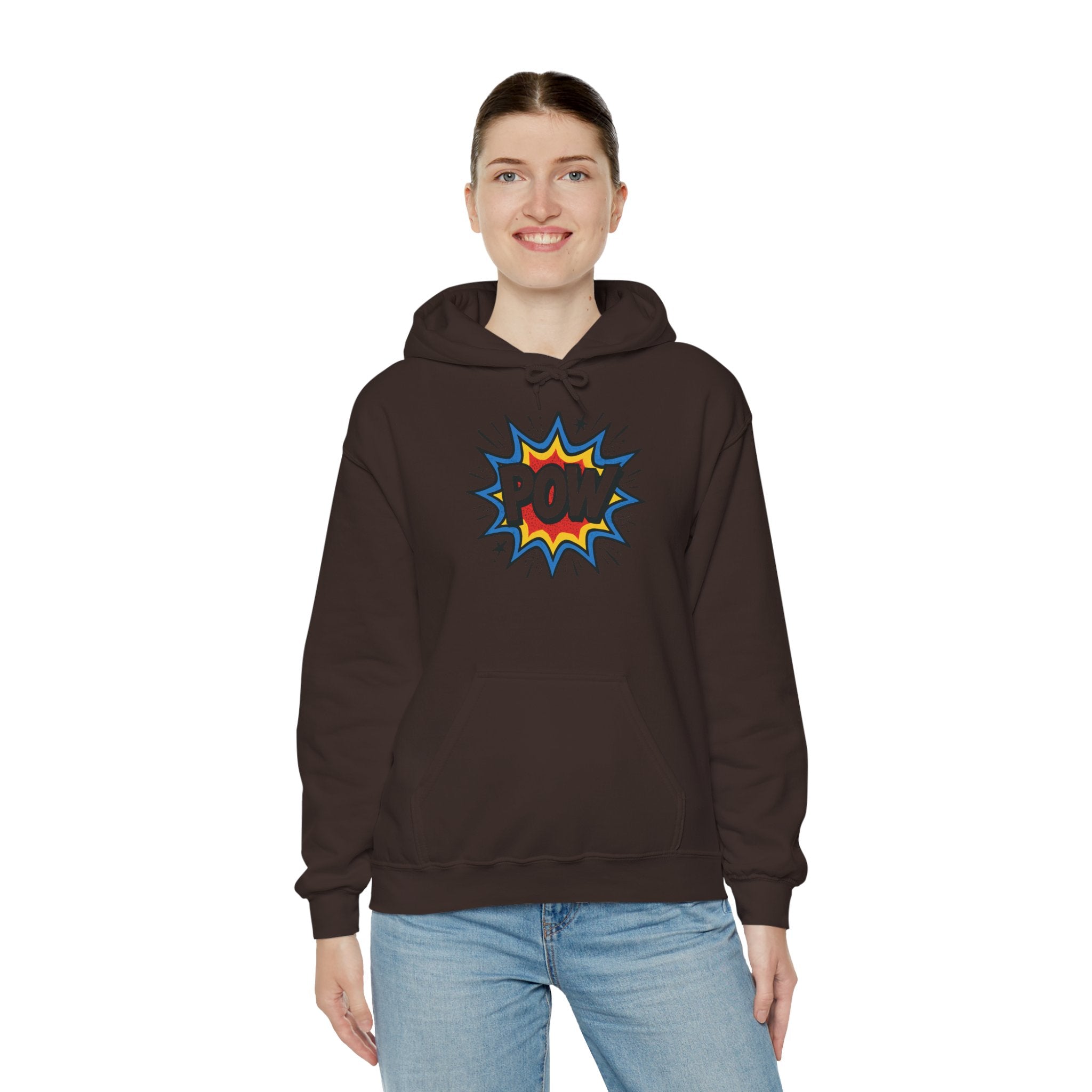 Caffeine Chaos Hoodie — "POW" Comic Front & "Run On: Caffeine, Chaos, Questionable Decisions" Back