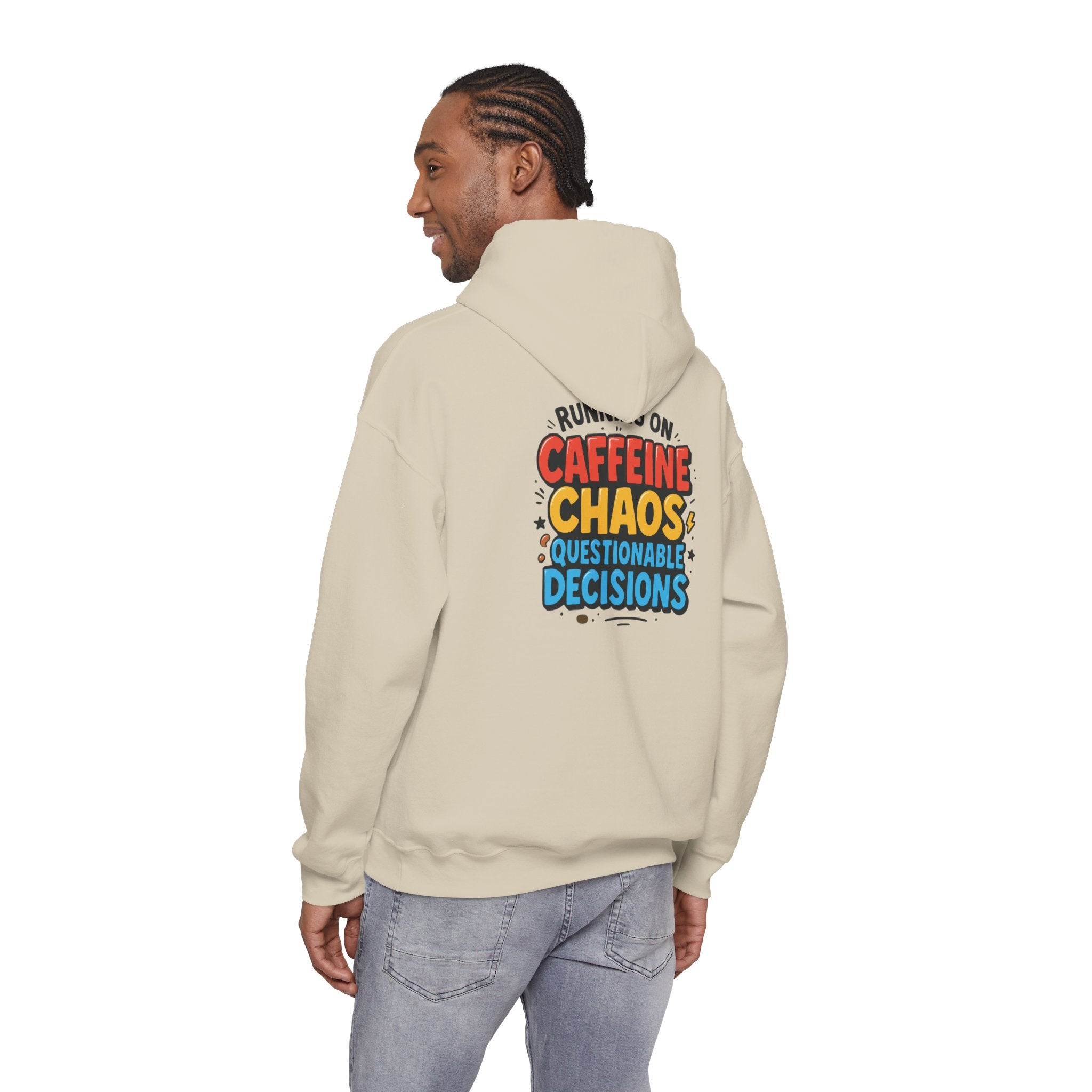 Caffeine Chaos Hoodie — "POW" Comic Front & "Run On: Caffeine, Chaos, Questionable Decisions" Back