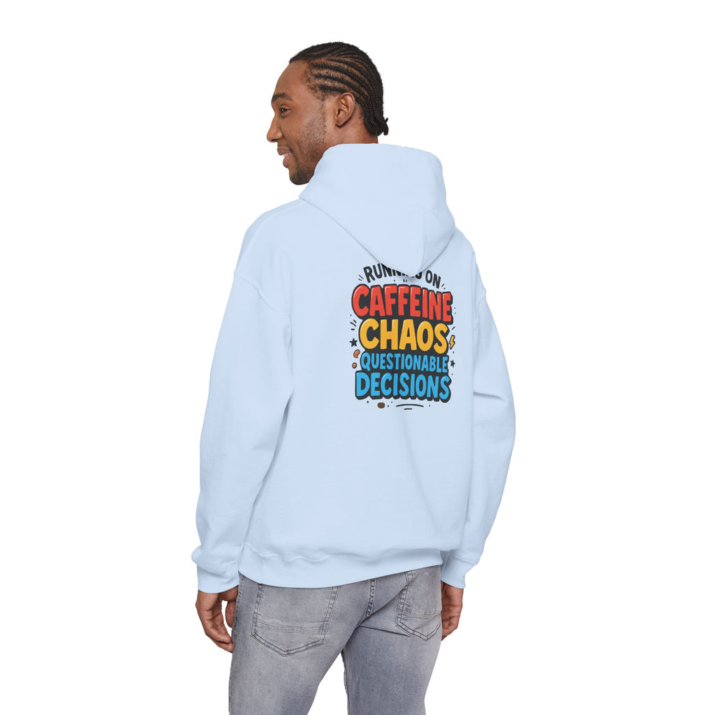 Caffeine Chaos Hoodie — "POW" Comic Front & "Run On: Caffeine, Chaos, Questionable Decisions" Back