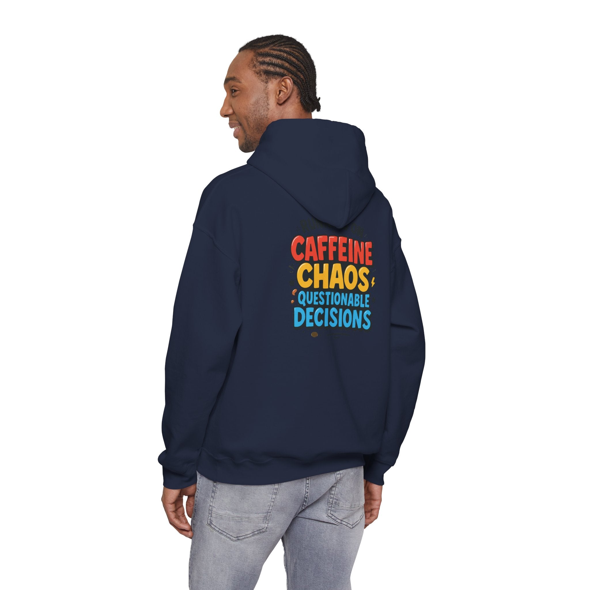 Caffeine Chaos Hoodie — "POW" Comic Front & "Run On: Caffeine, Chaos, Questionable Decisions" Back